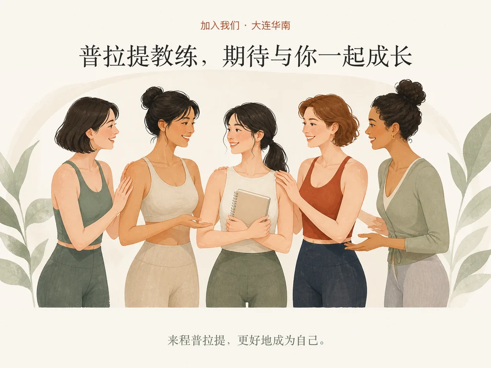 欢迎新伙伴加入普拉提教练团队的招聘主题插画，非真实老师合影